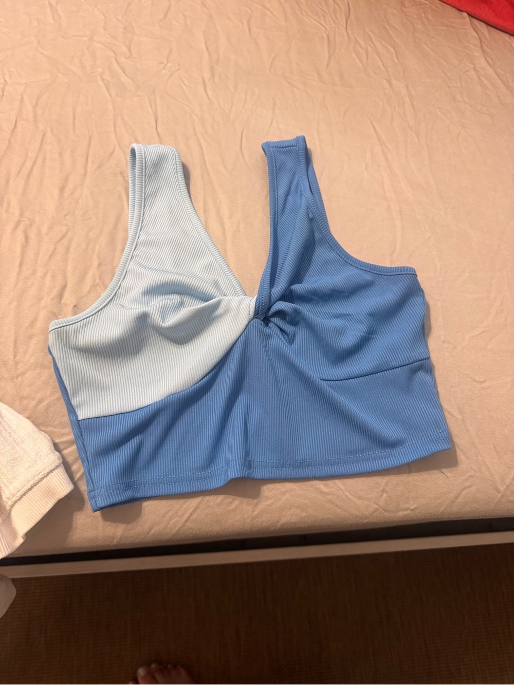 Colorblock Light Blue & Blue Ribbed Twist-Front Crop Bralette